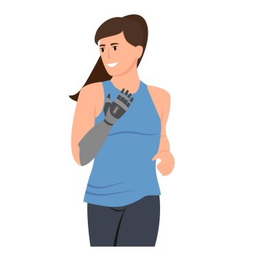  Biyonik kolu olan bir kadın, metalik sibernetik el çalışıyor. Özürlü biri. Düz vektör çizimi beyaz arkaplanda izole edildi