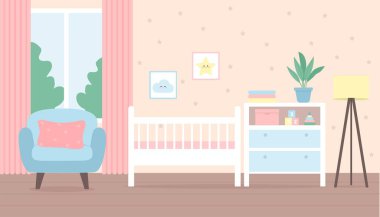 Bebek odasının içi. Yatak odası, yatak odası, mobilya, lamba ve pencereli perdeler. Vektör illüstrasyonu.