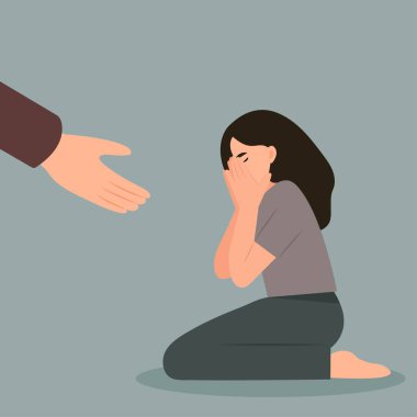  Ağlayan ve yüzünü kapatan bir dişi. Zihinsel sağlık bozukluğu kavramı. El, bir kadının stres ve depresyondan kurtulmasına yardımcı olur. Vektör illüstrasyonu.