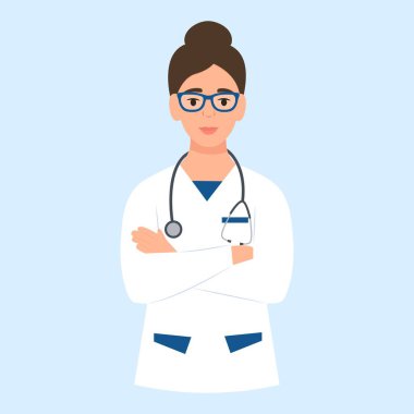 Steteskoplu genç bir doktor, tıp uzmanı. Tıp konsepti. Vektör illüstrasyonu