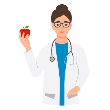 Kadın doktor bir elma tutuyor. Düzgün beslenme, vitamin, sağlıklı beslenme, mükemmel dişler için tavsiye. Vektör illüstrasyonu