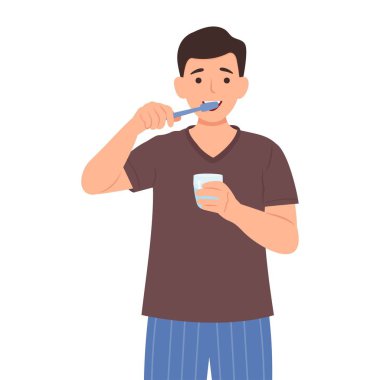 Dişlerini fırçalayan adam. Günlük hijyen rutini. Diş sağlığı konsepti. Vektör illüstrasyonu