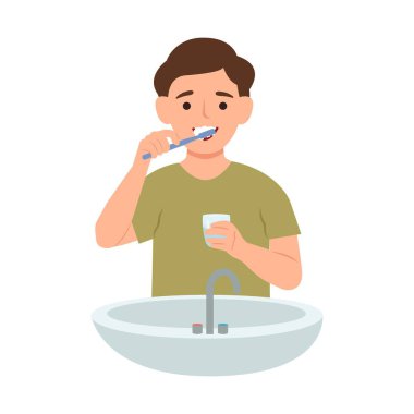 Diş macunuyla dişlerini fırçalayan ve elinde bir bardak su tutan sevimli çocuk. Ağız temizliği ve diş bakımı kavramı. Vektör illüstrasyonu