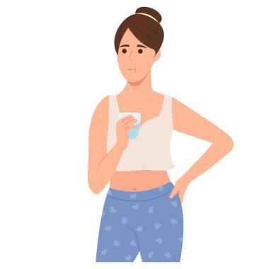 Kadın ağzını çalkalayıp gargara yapıyor. Ağız gargarasını taze nefes için kullanan bir kız. Diş sağlığı konseptleri. Vektör illüstrasyonu