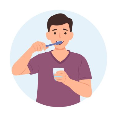 Diş macunuyla dişlerini fırçalayan ve elinde bir bardak su tutan bir adam. Günlük hijyen aktivitesi. Diş sağlığı konsepti. Vektör illüstrasyonu