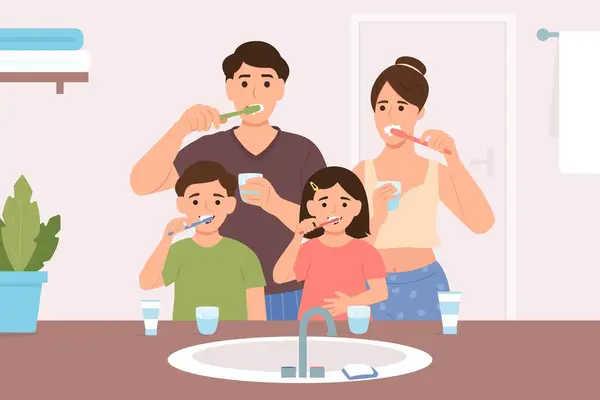 Aile Dişlerini Birlikte Fırçalıyor Banyoda Diş Fırçası Olan Mutlu Ebeveynler Stok Vektör