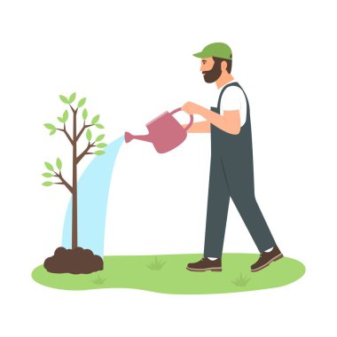 Adam sulama kutusuyla ağacı suluyor. Ağaç Bayramı Doğal Çevre Koruma.