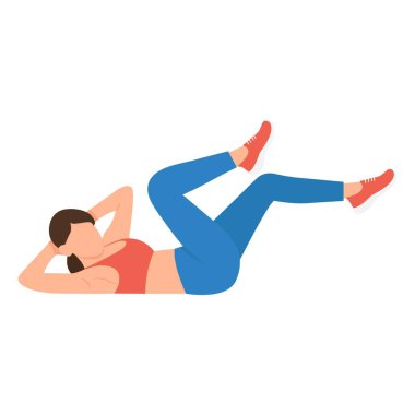 Karın kasları çalıştıran bir kadın. Dirsek dirseğe mekik. Çapraz vücut egzersizi. Ağırlık Kaybı Konsepti. Vektör illüstrasyonu