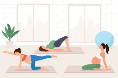 Hamile kadınlar yoga yapar. Egzersiz yapan, meditasyon yapan, pilates yapan, yoga dersinde nefes alan kadınlar. Vektör illüstrasyonu
