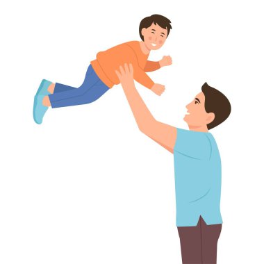  Mutlu gülümseyen karakterler birlikte vakit geçiriyorlar. Baba oğlunu kaldırıyor. Vektör düz resimleme .