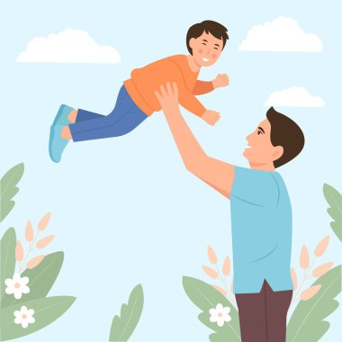  Mutlu gülümseyen karakterler birlikte vakit geçiriyorlar. Baba oğlunu kaldırıyor. Vektör düz resimleme .