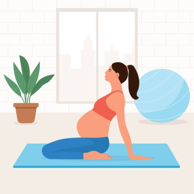Hamile kadın odasında ya da dairesinde meditasyon yapıyor. Doğum öncesi esneme hareketleri. Yoga, meditasyon, rahatlama, sağlık, hamilelik, annelik. Düz vektör illüstrasyonu.