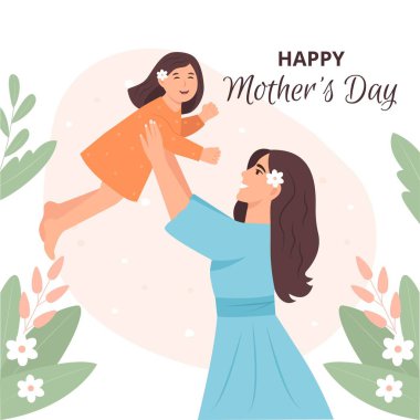 Mutlu Genç Anne kızıyla eğleniyor. Anne çocuğunu kaldırıyor. Anneler Günün kutlu olsun. Vektör illüstrasyonun kutlu olsun.