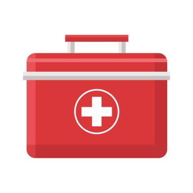İlk yardım çantası. Üzerinde haç olan kırmızı nesne, tıbbi ekipman, ilk yardım deposu, doktorun davası. Beyaz arka planda izole edilmiş vektör illüstrasyonu.