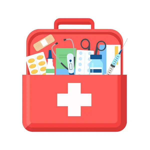 Kırmızı ilk yardım çantasını aç. Tıbbi malzemelerle Doktor Bavulu 'nun vektör çizimi. Vektör İllüstrasyonu