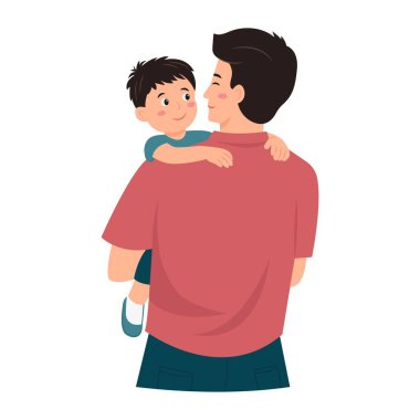 Mutlu baba oğul kavramı. Küçük oğlunu elinde tutan genç, pozitif bir baba. Babalar Günü. Vektör illüstrasyonu