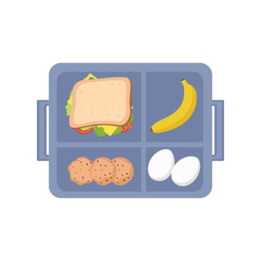 Okul beslenme çantası. İçinde sandviç, muz, haşlanmış yumurta ve kurabiye var. Sağlıklı yemek deposu. Beyaz arka planda izole edilmiş düz bir şekilde vektör illüstrasyonu