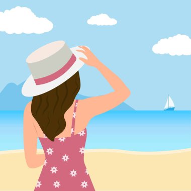 Plaj sahnesi. Denize bakan mutlu kız. Vektör ilüstrasyonu.