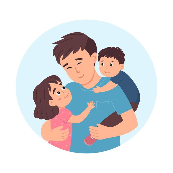 Dad with his son and daughter in his arms. Greeting card for the holiday. Happy fathers day congratulations vector illustration.