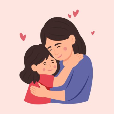 Anne ve kızı. Anne çocuğunu kucaklıyor, yüzleri sevgiyle parıldıyor, gözleri kapalı, bir anlık şefkat içinde sonsuz bir bağ kuruyor. Anneler Günü. Vektör İllüstrasyonu