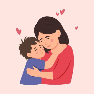 Anne ve oğlu. Anne çocuğunu kucaklıyor, yüzleri sevgiyle parıldıyor, gözleri kapalı, bir anlık şefkat içinde sonsuz bir bağ kuruyor. Anneler Günü. Vektör İllüstrasyonu