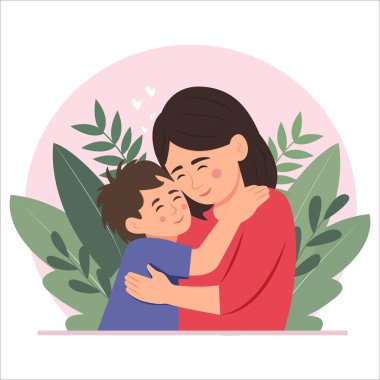 Anneler günü kartı. Mutlu oğul annesine sevgiyle sarılıyor. Yüzleri aşkla ışıldıyor, gözleri kapanıyor, bir anlık şefkat ile ölümsüz bir bağ kuruyorlar. Vektör İllüstrasyonu