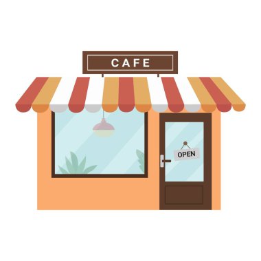 Modern kahve dükkanının dış cephesi. Tanışmak, içmek ve yemek yemek için geleneksel popüler bir yer. Beyaz arka planda izole edilmiş düz stil vektör illüstrasyonu..