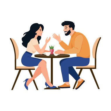Romantik bir buluşmadan hoşlanan bir çift. Mutlu bir adam ve kadın bir masada oturup sohbet ediyor ya da ara verdiğimizde sohbet ediyorlar. Vektör düz resimleme.