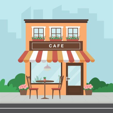 Açık kafe bina cephesinde sokak koltukları ve masaları var. Sokak Kafesi. Buluşmak, içmek ve yemek yemek için geleneksel popüler bir yer. Beyaz arka planda izole edilmiş düz stil vektör illüstrasyonu..