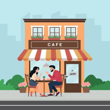 İnsanlar yazın kafe terasında kahve içiyorlar. Sokak tabloları ve sandalyeleri olan şehir kahvesi binası. Kadın ve erkek kafeteryanın önünde dinleniyor. Kahvehanedeki müşterilerin renkli düz vektör çizimi