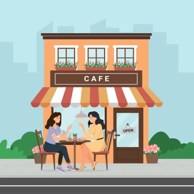 İnsanlar yazın kafe terasında kahve içiyorlar. Sokak tabloları ve sandalyeleri olan şehir kahvesi binası. Kadın ve erkek kafeteryanın önünde dinleniyor. Kahvehanedeki müşterilerin renkli düz vektör çizimi