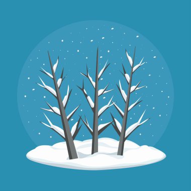 Karla kaplı donmuş dallar. Karda güzel vahşi doğa, Aralıkta dondurucu hava. Düz vektör illüstrasyonu.