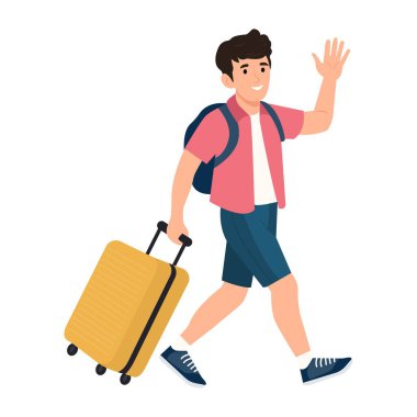 Yazlık şapkalı ve güneş gözlüklü bir adam valizini çekiyor ve yaz tatilinde el sallıyor. Seyahat, yaz tatili, eğlence ya da turizm konsepti. Düz vektör illüstrasyonu.