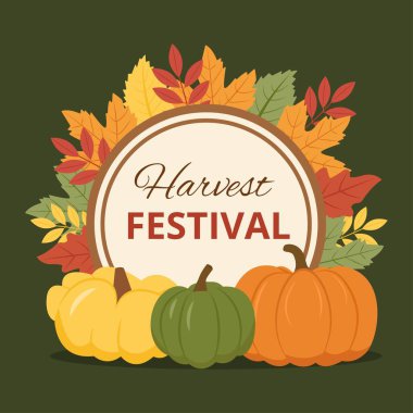 Çember çerçeveli arka plan, yapraklar ve balkabakları. Poster tasarımı, baskılar, el ilanları için şablon. Hasat festivali. Vektör illüstrasyonu.