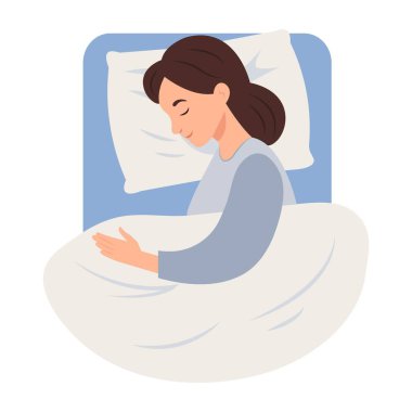  Bir kadın yastığa uzanmış ve battaniyeyle örtülmüş bir şekilde yatakta uyuyor. Vektör illüstrasyonu.