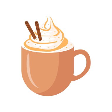 Balkabağı aromalı latte, bardakta sonbahar kahvesi. Sıcak, lezzetli, mevsimlik sonbahar içeceği. Düz vektör beyaz arkaplanda izole edildi.