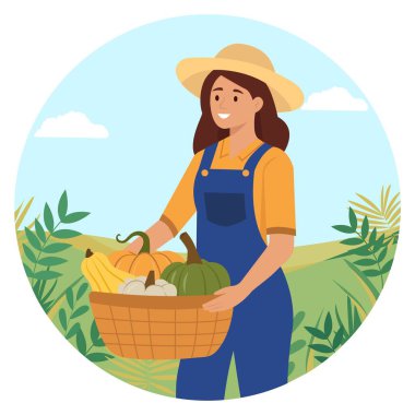 Üniformalı gülen çiftçi ya da bahçıvan balkabağı sepeti taşıyor. Tarım ve tarım kavramı. Vektör illüstrasyonu