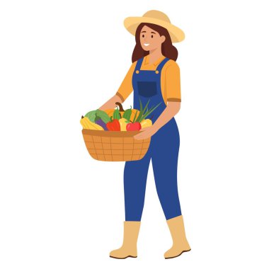 Üniformalı gülen çiftçi ya da bahçıvan olgun sebzeler ve meyvelerle dolu bir sepet tutuyor. Tarım ve tarım kavramı. Vektör illüstrasyonu