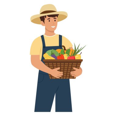 Üniformalı gülen çiftçi ya da bahçıvan olgun sebzeler ve meyvelerle dolu bir sepet tutuyor. Tarım ve tarım kavramı. Vektör illüstrasyonu