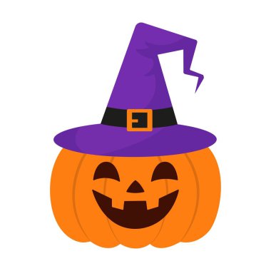 Beyaz arka planda izole edilmiş cadı şapkalı Cadılar Bayramı kabağı. Cadılar Bayramı 'nın geleneksel sembolü. Gizemli şapkalı korkunç ve komik balkabağı. Vektör İllüstrasyonu