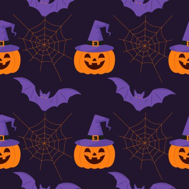 Kusursuz Cadılar Bayramı geçmişiniz kutlu olsun. Balkabağı, yarasa, örümcek ağı. Duvar kağıdı vektör illüstrasyonu.