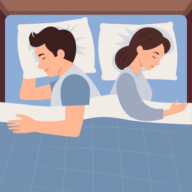 Battaniyenin altında uyuyan çift. Kadın ve erkek gece uykusunda birbirlerine yalan söylüyorlar. Vektör İllüstrasyonu