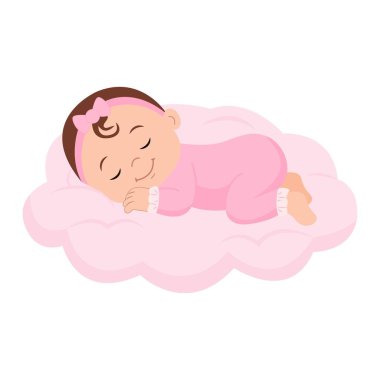 Pembe bir bulutta uyuyan tatlı bir kız bebek. Yeni doğan konforlu uyku kavramı. Vektör illüstrasyonu