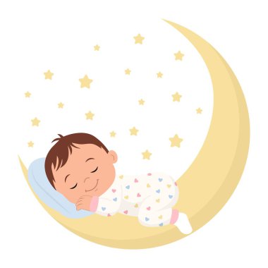 Ay 'da uyuyan sevimli bir bebek. Bebek, kalbi olan sevimli bir pijama giyiyor. Yeni doğan konforlu uyku kavramı. Vektör illüstrasyonu