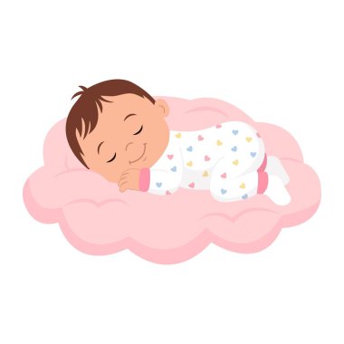 Pembe bulutta uyuyan sevimli bir bebek. Yeni doğan konforlu uyku kavramı. Vektör illüstrasyonu
