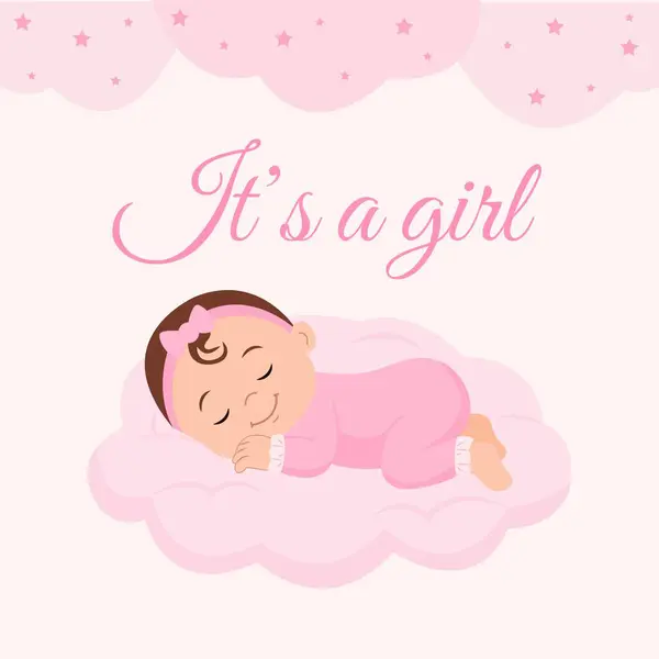 Pembe bir bulutta uyuyan tatlı bir kız bebek. Bu bir kız geçmişi. Cinsiyet tespiti, bebek partisi, bebek anonsu. Tebrik kartı, davetiye kartı. Vektör İllüstrasyonu