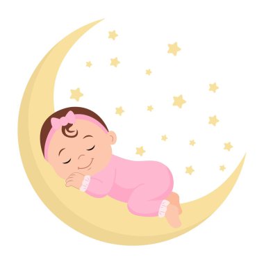 Ay 'da uyuyan tatlı bir kız bebek. Bebek şirin pembe pijamalar giyiyor. Yeni doğan konforlu uyku kavramı. Vektör illüstrasyonu