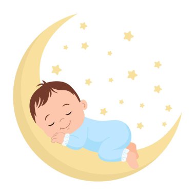 Ay 'da uyuyan sevimli bir bebek. Bebek şirin mavi pijama giyiyor. Yeni doğan konforlu uyku kavramı. Vektör illüstrasyonu