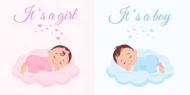 Tatlı kız ve erkek bebek bulutların üstünde uyuyor. Cinsiyet teşhisi, bebek partisi, bebek duyurusu. Oğlan oldu. Bir kız. Vector Illustration. 