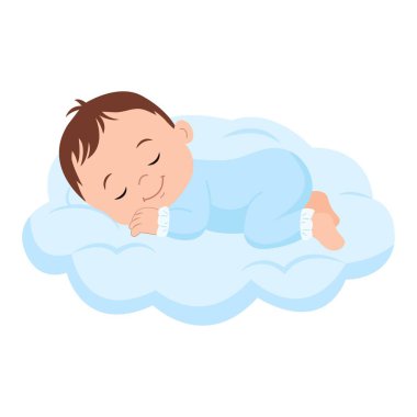 Mavi bir bulutta uyuyan tatlı bir erkek bebek. Yeni doğan konforlu uyku kavramı. Vektör illüstrasyonu